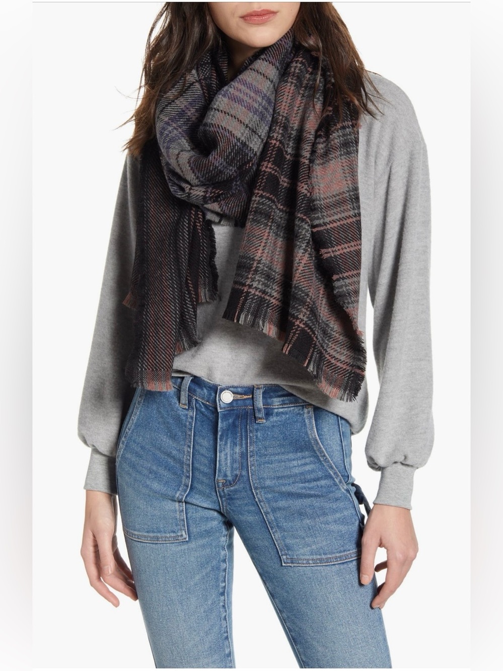 Cozy Plaid Fringe Scarf in Charcoal and Mauve NWOT